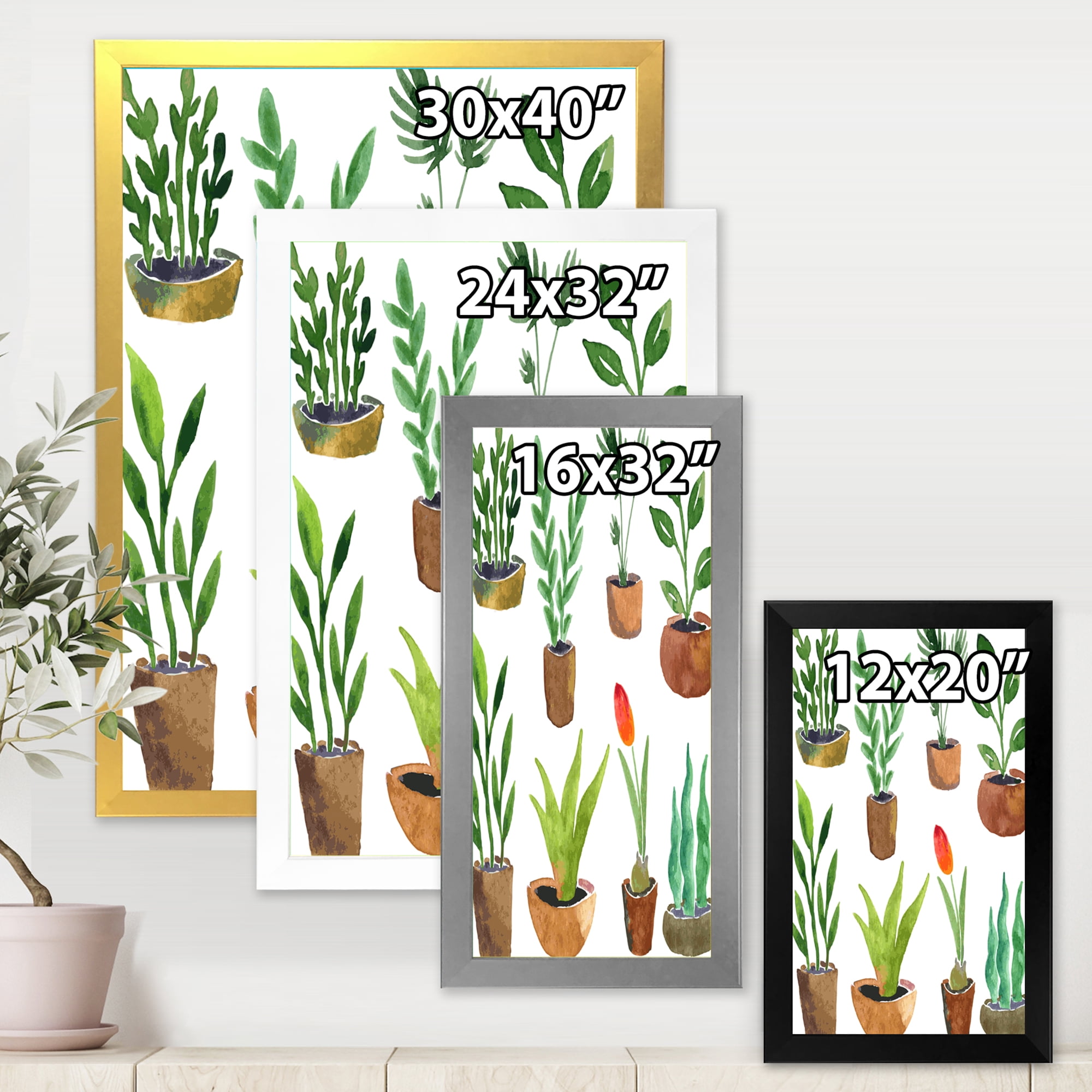 Designart 'Eight House Plants In Claypots' Traditional Framed Art Print