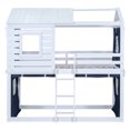 thumbnail image 4 of Twin Over Twin House Bunk Bed with Tent, Twin Bunk Beds Frame with Windows Sills and Build-in Ladder, House Shaped Bunk Bed with Safety Rails for Teens Adults, Blue, 4 of 9