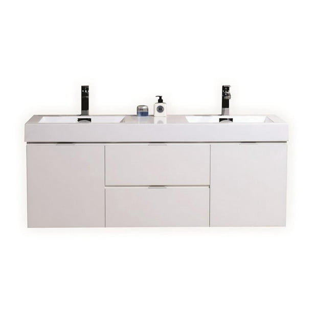 Double Sink High Gloss White Wall Mount, Modern Double 60 Inch Bathroom Vanity Sink Set