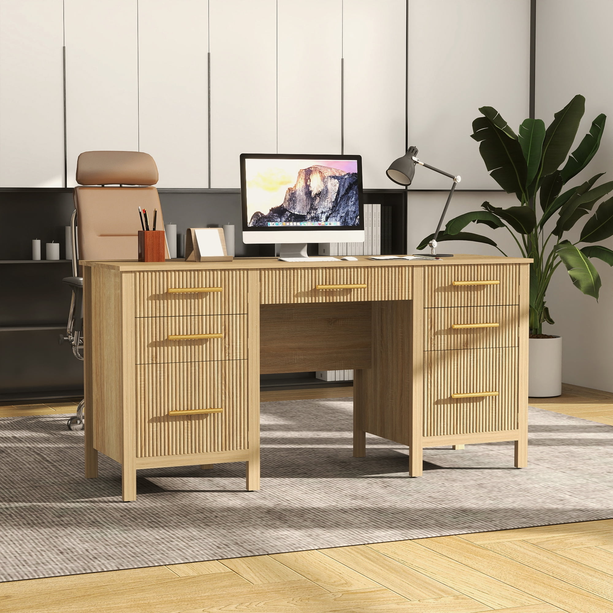 60" Executive Desk with Drawers, Modern Home Office Desk with File Cabinet, Wood Computer Writing Desk Workstation