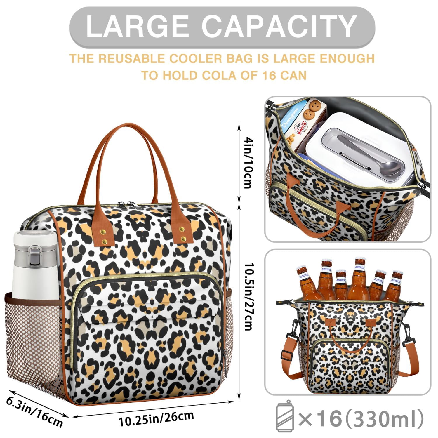 Cute Leopard Spots Insulated Lunch Bag – Reusable Cheetah Pattern Cooler Tote for Women, Leakproof Dual Compartment Design for Work, Travel