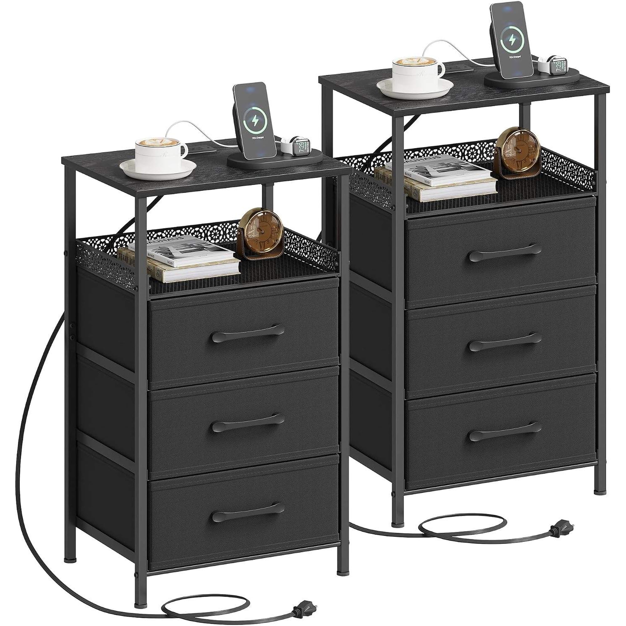 Nightstand Set of 2 with Charging Station 26.4 in Tall Bedside Table with Metal Shelf and 3 Fabric Drawers Modern Side End Table Black