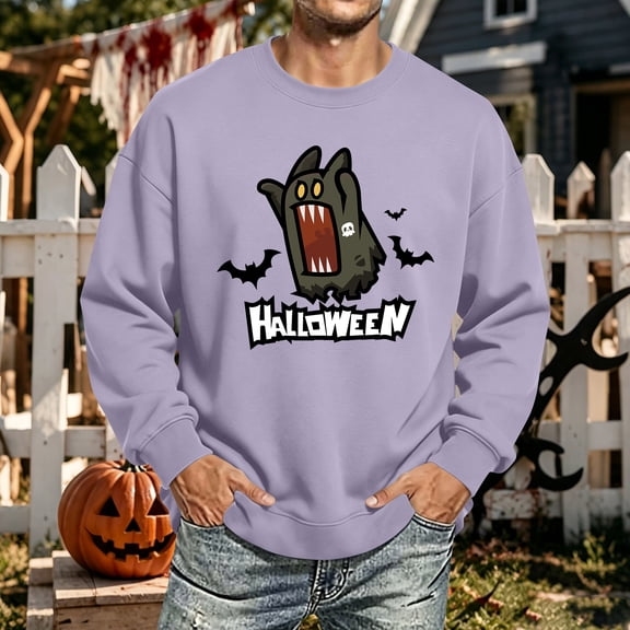 Halloween Themed Sweatshirt Men Pumpkin Ghost Printed Casual Long Sleeve Spooky Pullover Sweatshirt Fall Winter Fashion Comfy Tee Shirts Purple XXXL