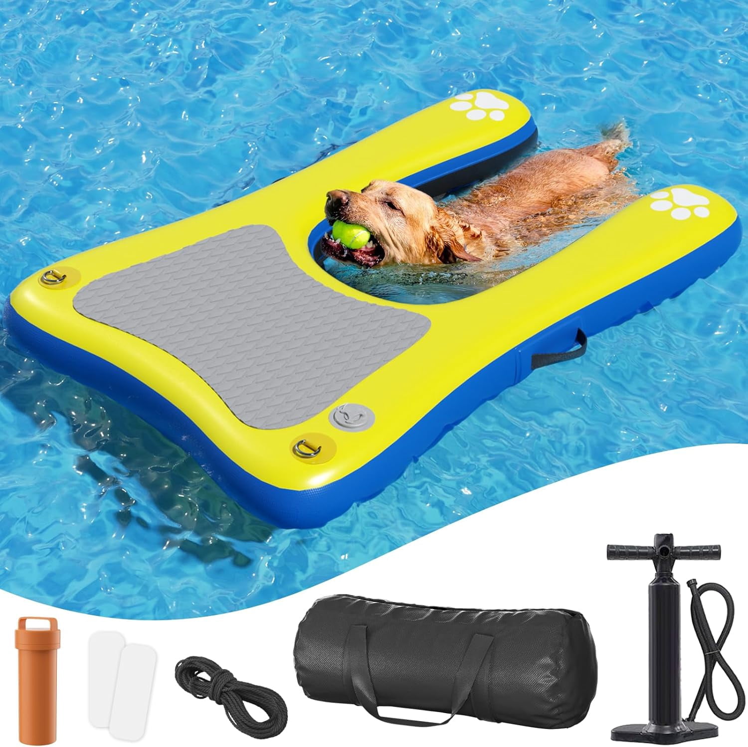 Inflatable Dog Pool Ramp Float Dock Platform for Large Dogs Up to 230 lbs, Dog Water Ramp Ladder with Non Slip Steps | Heavy Duty Floating Dogs Dock for Boat, Inground Above Ground Pool, Lake, River