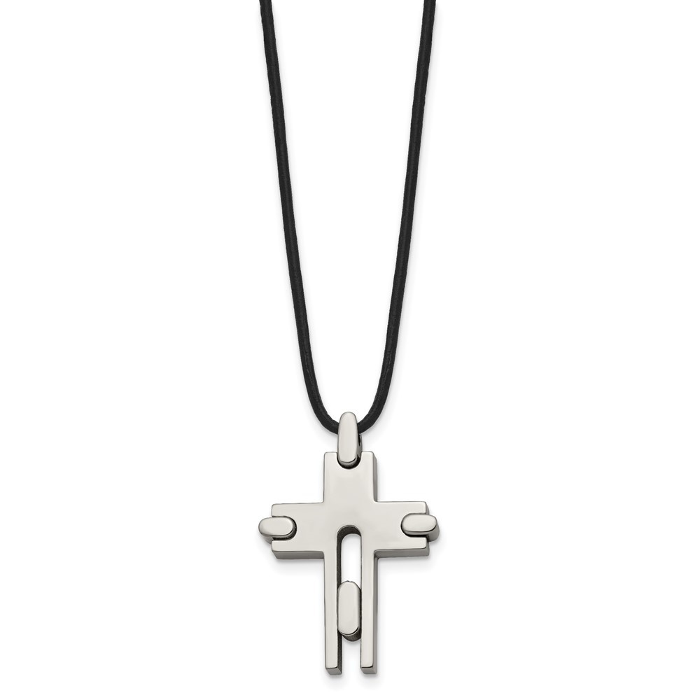 Diamond2Deal Titanium Polished Cross Leather Cord Necklace for Men 18"