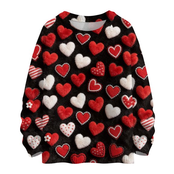 Nokdvo Womens Sweat Shirt Sherpa Valentines Date Love Heart Print Crew Nneck Tops Fall Winter Casual Knit Loose Fit Pullover Sweatshirts,Deep Red M