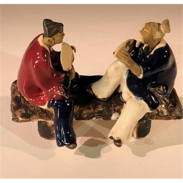 Bonsai Boy e3405 3 in. Ceramic Figurine - Two Men Sitting On A Bench with Fans, Blue & Red