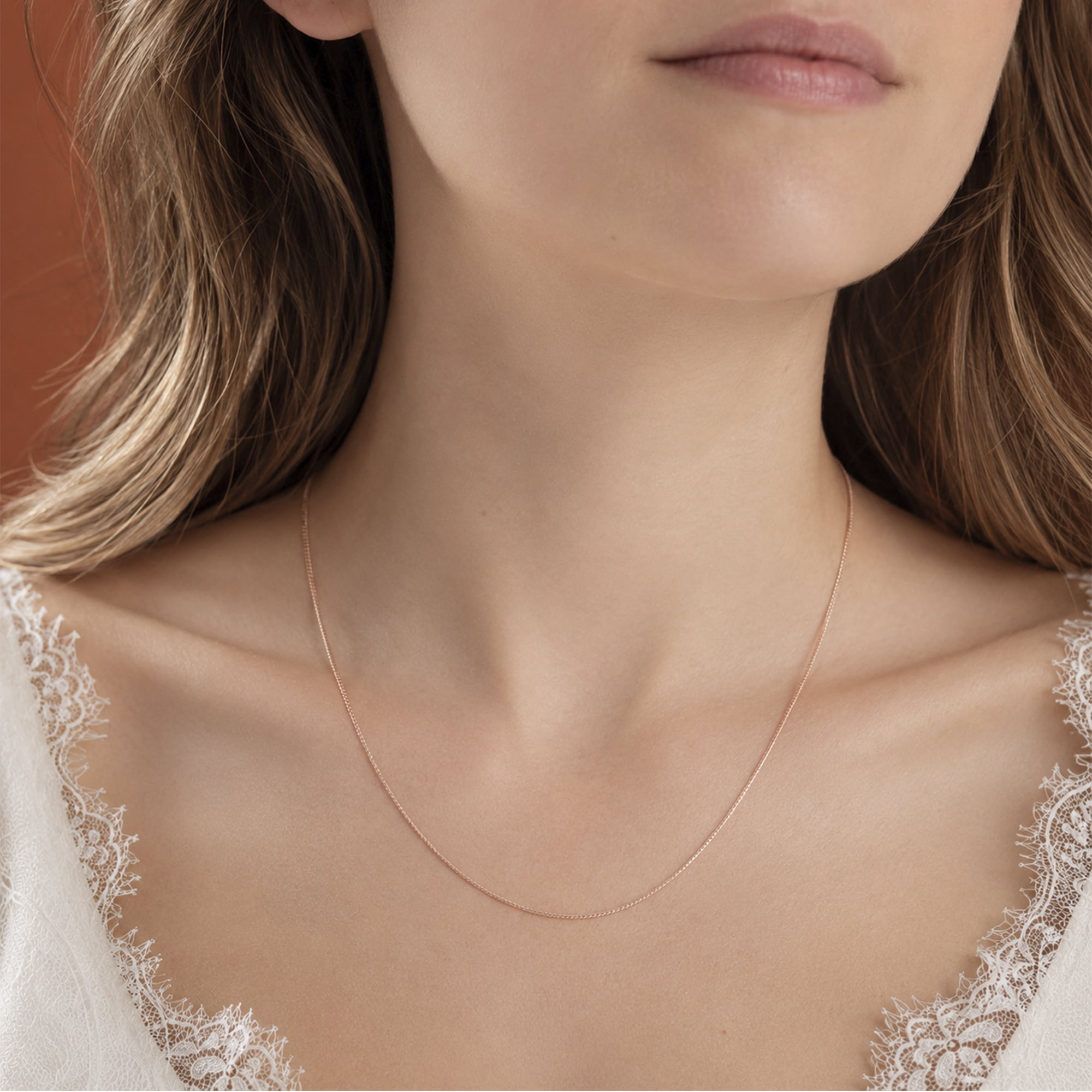 Amberta 14K Rose Gold Plated 925 Sterling Silver 1.05 mm Curb Chain Necklace: Rose Gold Necklace 16 inch / 40 cm