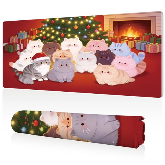 LIVEKEY Extra Large Mouse Pad 80x40x0.3cm Christmas Cats with Tree Fireplace and Gifts Design Full Desk Coverage Non Slip Durable Easy Clean Stitched Edges for Gaming and Office