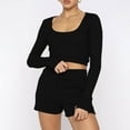 thumbnail image 2 of 2 Piece Lounge Outfits for Women Casual Comfy Solid Long Sleeve Crop Tops and Drawstring Shorts Sets Tracksuit, 2 of 9