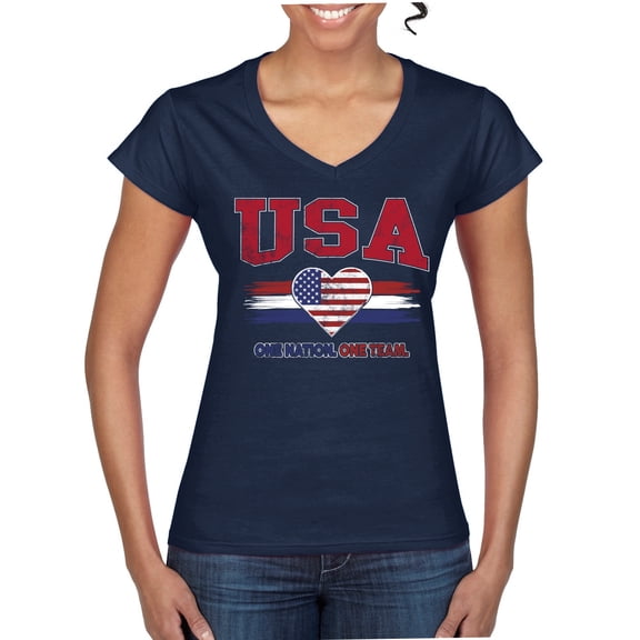 Wild Bobby USA Flag Heart One Nation One Team Graphic | Women's Novelty T-Shirt | Soccer Football Fan Game Day Gift for Her Women Standard V-Neck Tee