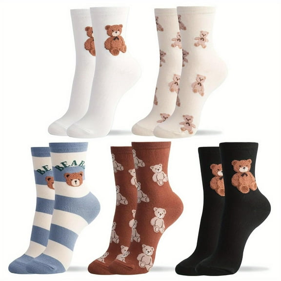 5 Pairs Crew Socks for Women Cute Smiley Face Fun Character Print Ribbon Design Girls Soft Cotton Socks US 6-8 elite