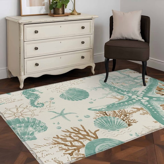 3'x5' Area Rugs, Aqua Coastal Starfish Indoor Outdoor Area Rug for Living Room Bedroom, Farmhouse Nautical Seahorse Coral Washable Bathroom Rugs Kitchen Floor Carpet Mats Home Decor Aesthetic