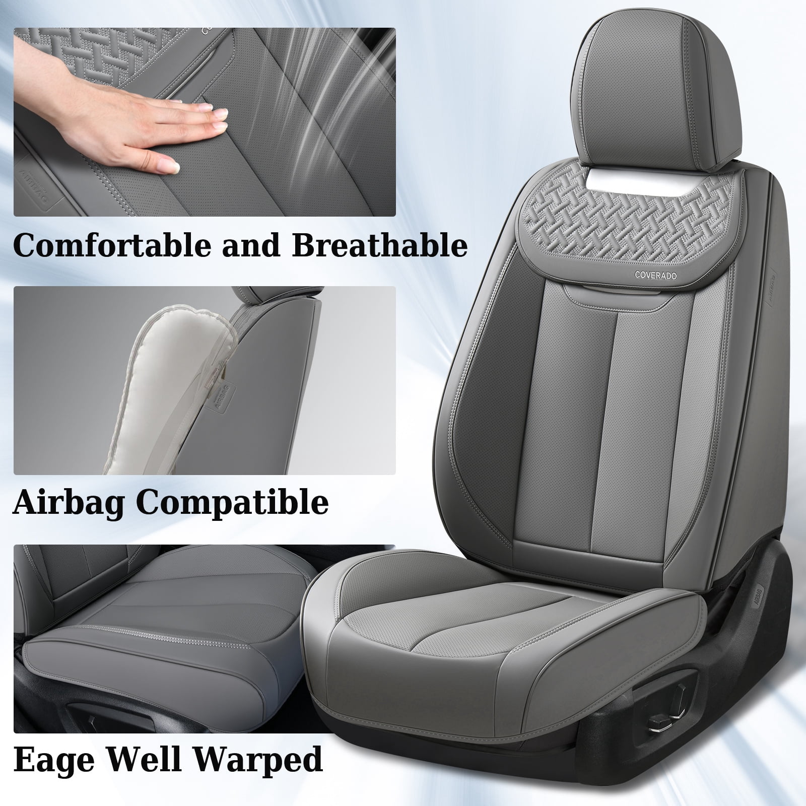 Coverado Front Car Seat Covers, Luxury Leather Car Seat Protectors, Automotive Interior Cushions Universal Fit Most Cars, Gray