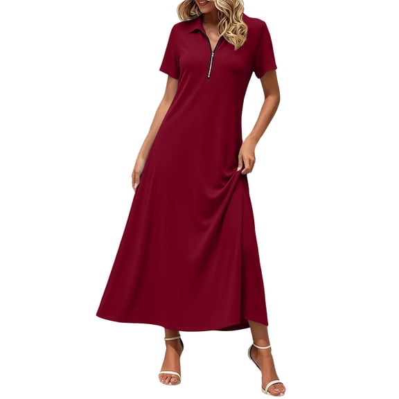 Ygbgbb Women Half Zip Fashion Maxi Dress, Short Sleeve Collared High Waist Flowy Long Dress for Daily Casual and Vacation Wine XXXL