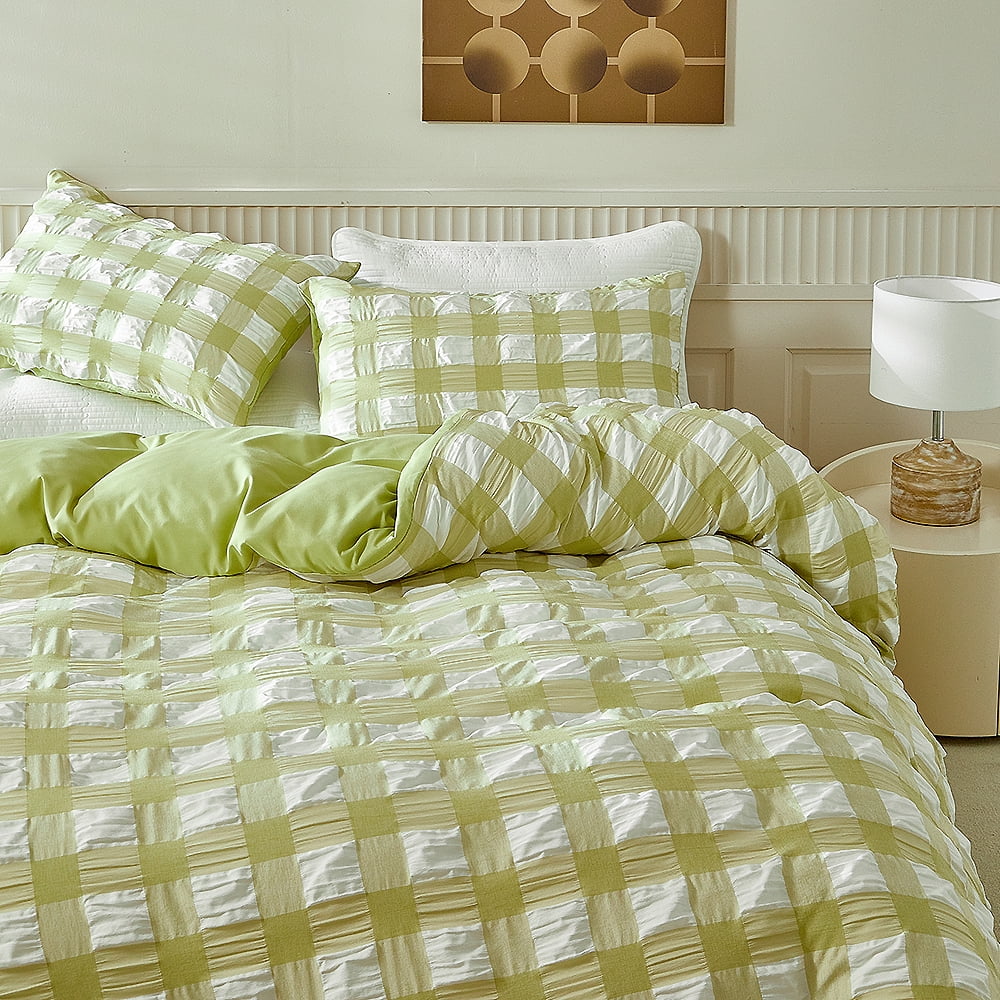 YELEE Green Plaid Duvet Cover Queen Size 3 Pieces Super Soft Breathable Pleated Bedding Sets 90"x90", 2 Cozy Pillowcases