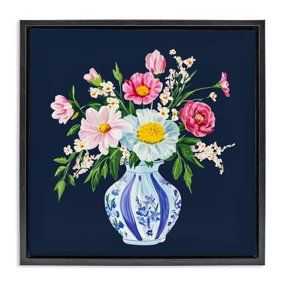 Spring Chinoiserie Vase Black Framed Floater Canvas Wall Art, design by Yen