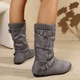 thumbnail image 3 of Rokment Womens Retro Slouch Mid Calf Flat Boots Comfortable Casual Buckles Suede Knit Patchwork Round Toe No Heels Dress Booties Fall Winter, 3 of 7