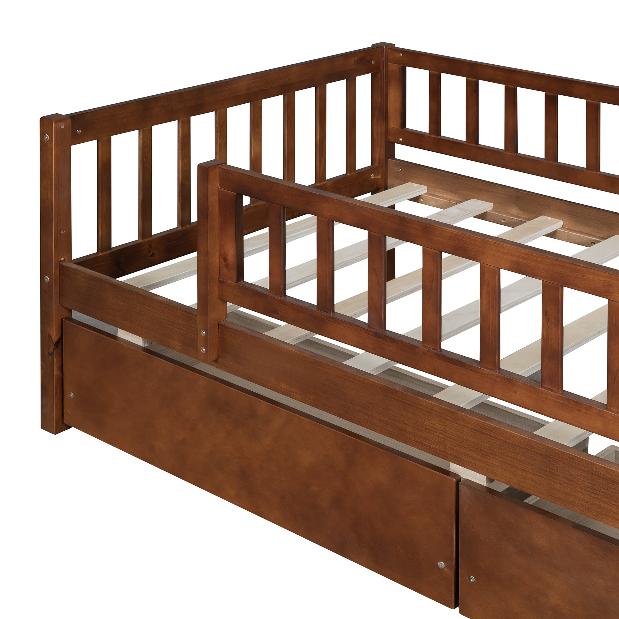 Holaki Twin Size Wood Bed with Guardrails and 2 Storage Drawers for Kids, Walnut