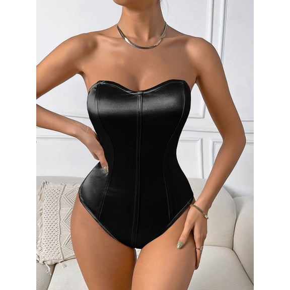 Black Satin Strapless Corset Bodysuit With Tummy Control