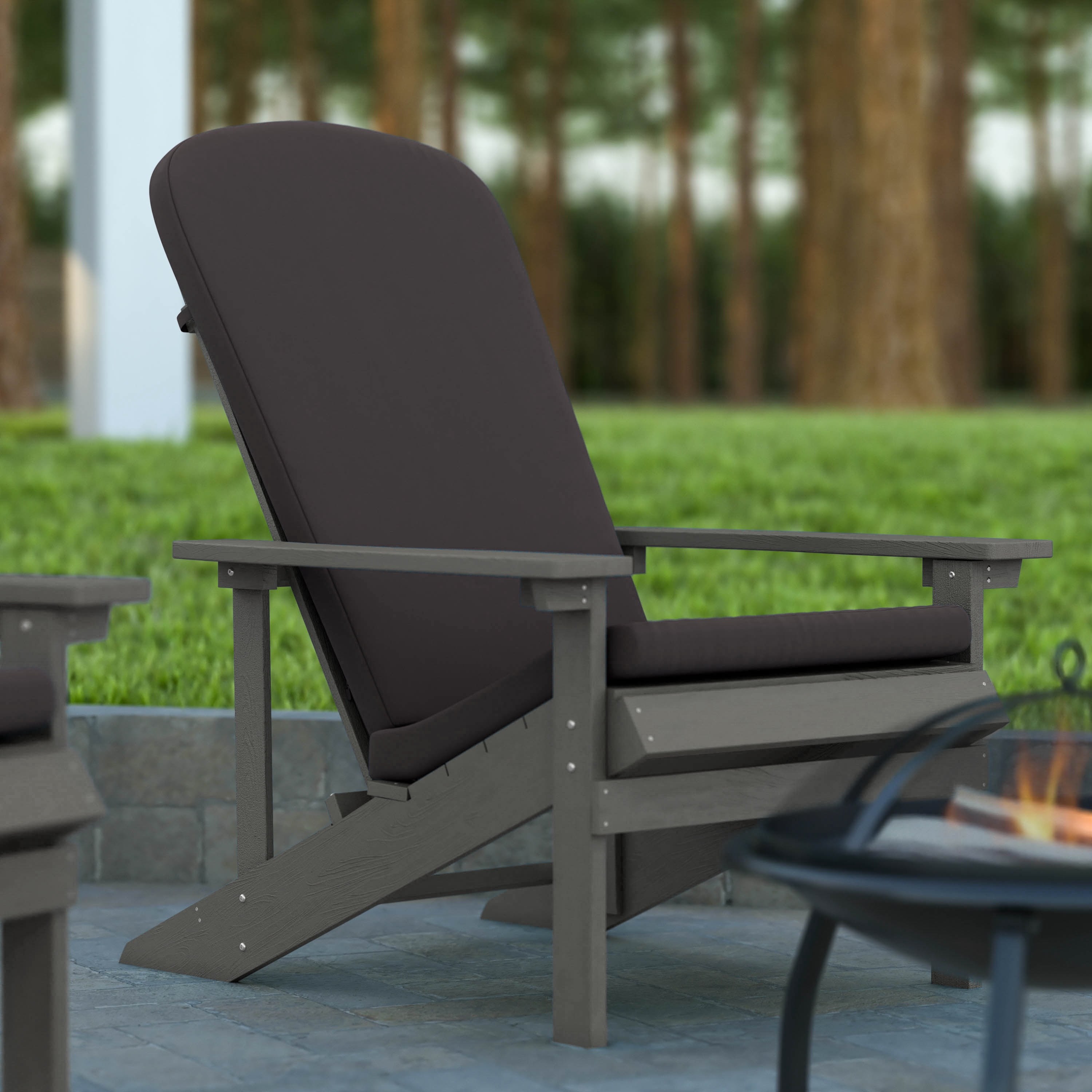 Emma + Oliver Set of Two Gray All-Weather Polyresin Adirondack Chairs with Gray Cushions