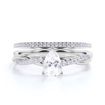 Gorgeous Art Deco 1.75 Carat Pear Cut Diamond Moissanite Engagement Ring, One Matching Band, Twisted Band Wedding Ring in 925 Sterling Silver With 18k White Gold Plating Gift For Her Promise Ring