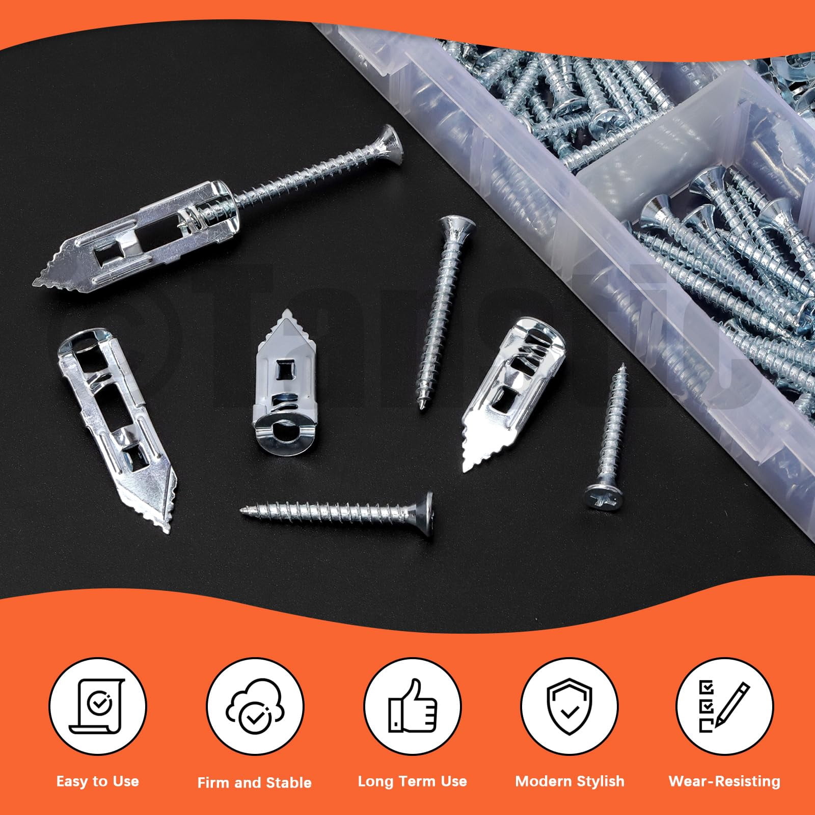 200Pcs Self Drilling Drywall Anchors with Screws, 4 Different Sizes Drywall Self Drilling Anchors Steel Wall Anchor with Screwdriver Bit for Wall Hanging(Black)