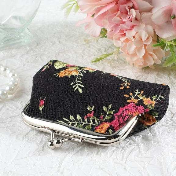 1pc Canvas Rose Kiss Lock Wallets Coin Purses Change Purse with Iron Findings for Women & Black 8.35x10.1x0.8cm