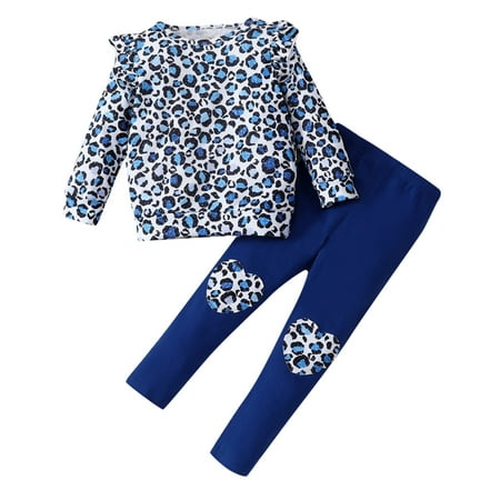 

Baby Girls Outfit Sets Long Ruffled Sleeve Leopard Print Sweatshirt Blouse Tops Patchwork Pant Trousers Outfits Set 2Pcs Clothes