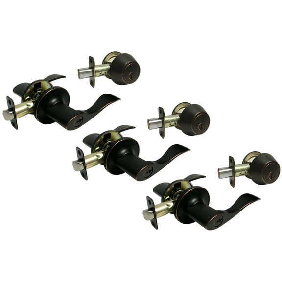 3 Entry deadbolt Oil Rubbed Bronze Door Lock sets Levers Handle all Keyed Alike