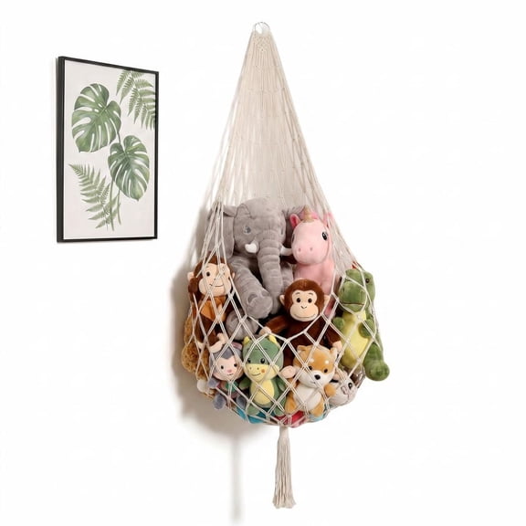 Novel Stuffed Animal Hammock Corner Hanging Net, Macrame Plush Toy Holder, Stuffed Animal Storage Toy Display for Tiny Space Walls, Cream