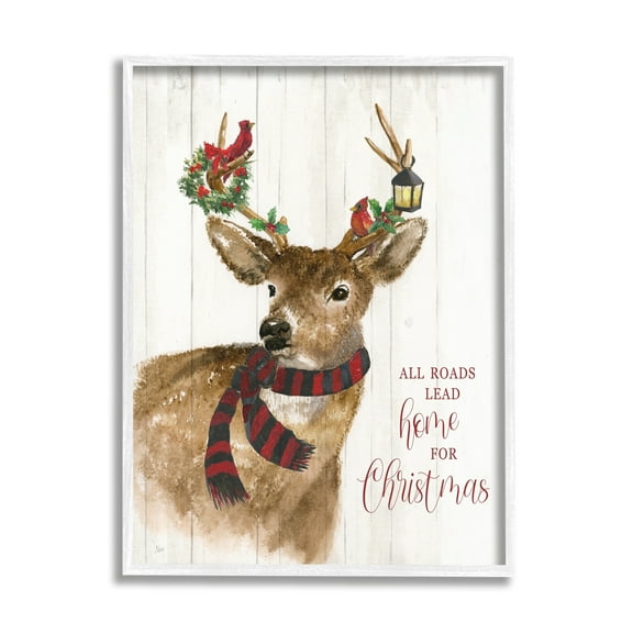 Stupell Industries All Roads Lead Home Christmas Deer Holiday Painting White Framed Art Print Wall Art