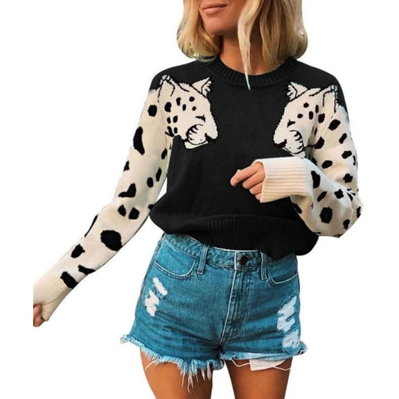 NAYTOAO Women Leopard Print Long Sleeve Crew Neck Knit Pullover Sweater
