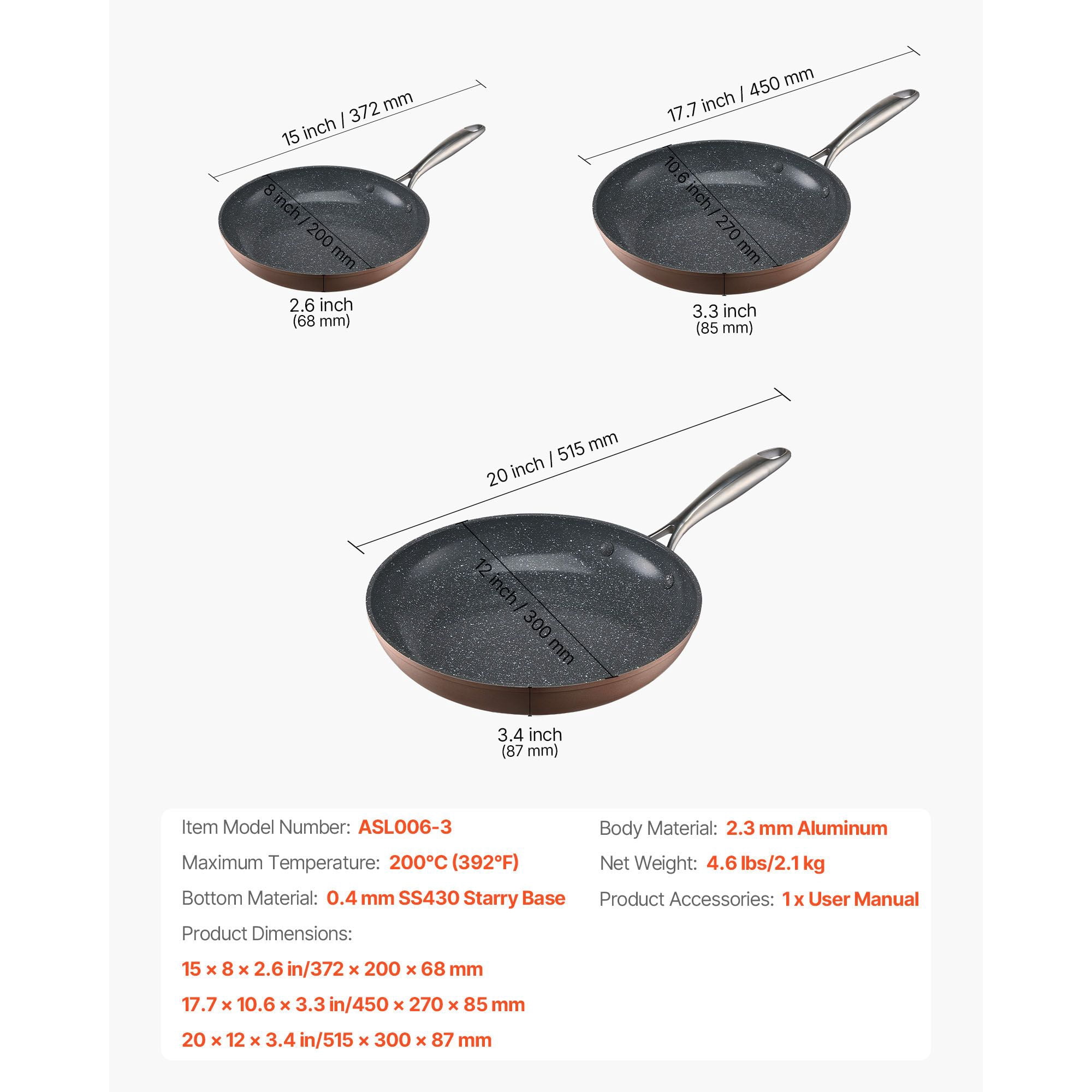 3-Piece Aluminum Skillet Set with Ceramic Nonstick Coating, 8/10/12 Inch Frying Pans, Cast Steel Handle, Oven Safe, Induction Compatible