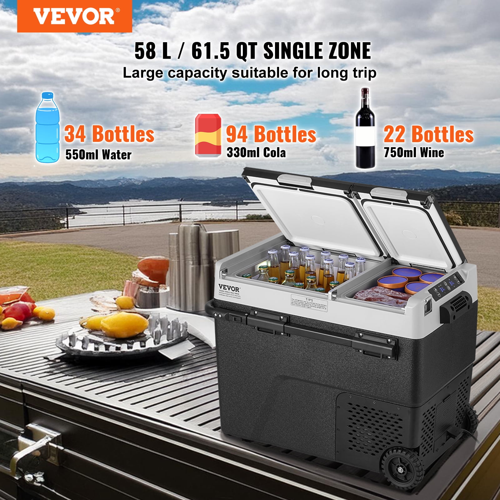 VEVOR Portable Car Refrigerator, 12 Volt Car Refrigerator Fridge, 58 L / 61.5 QT Dual Zone Portable Freezer, -4℉-68℉ Adjustable Temperature, Compressor Cooler