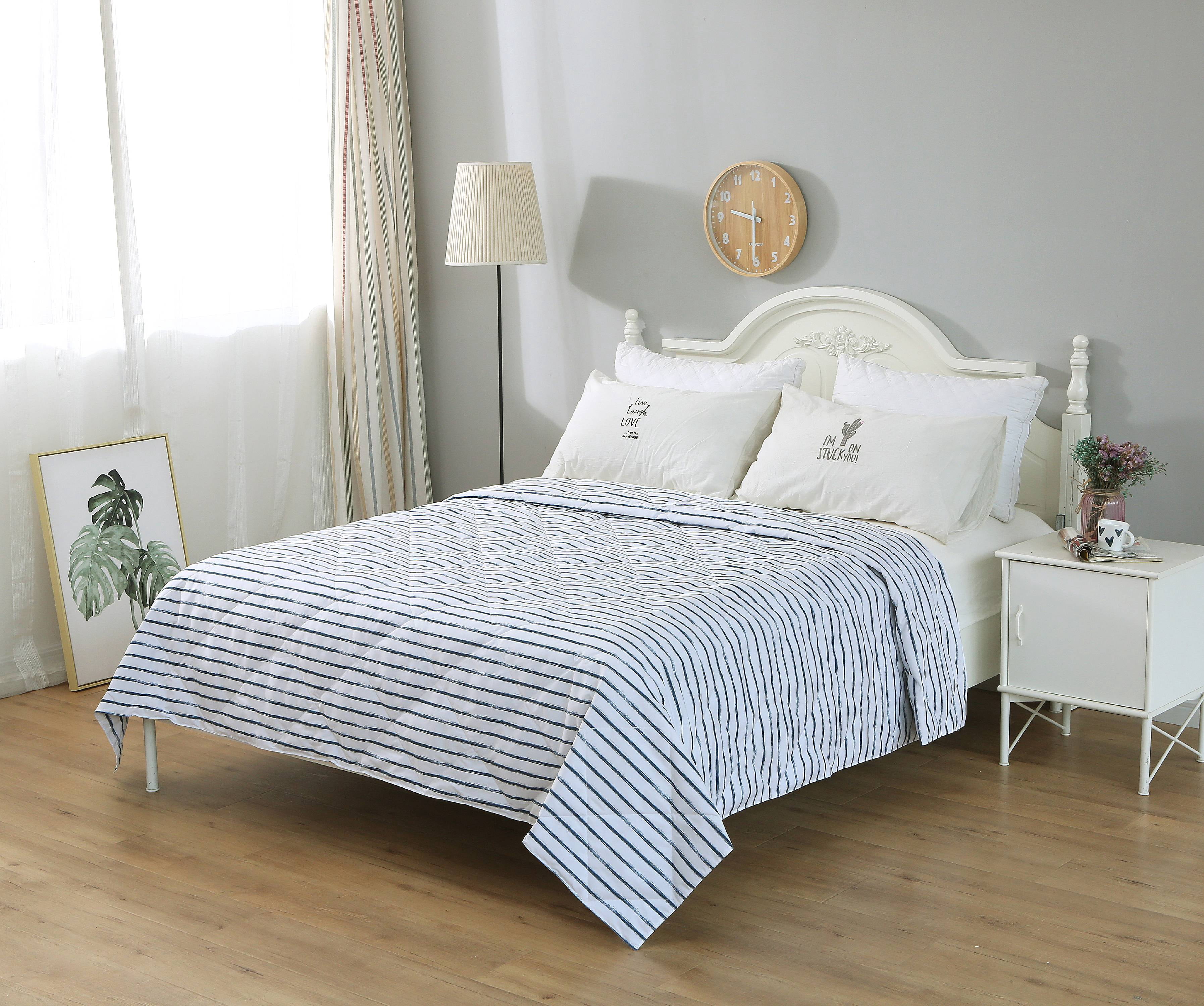 St. James Home Soft Cover Nano Feather Filled Blanket, White/Navy Stripes, Full/Queen