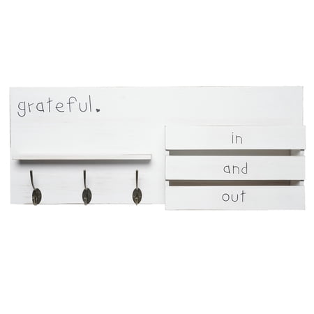American Art Decor Addie Joy Grateful Decorative Key Holder & Mail Organizer with Wall Hanging Storage Basket Shelf and Hooks - Distressed White Wash
