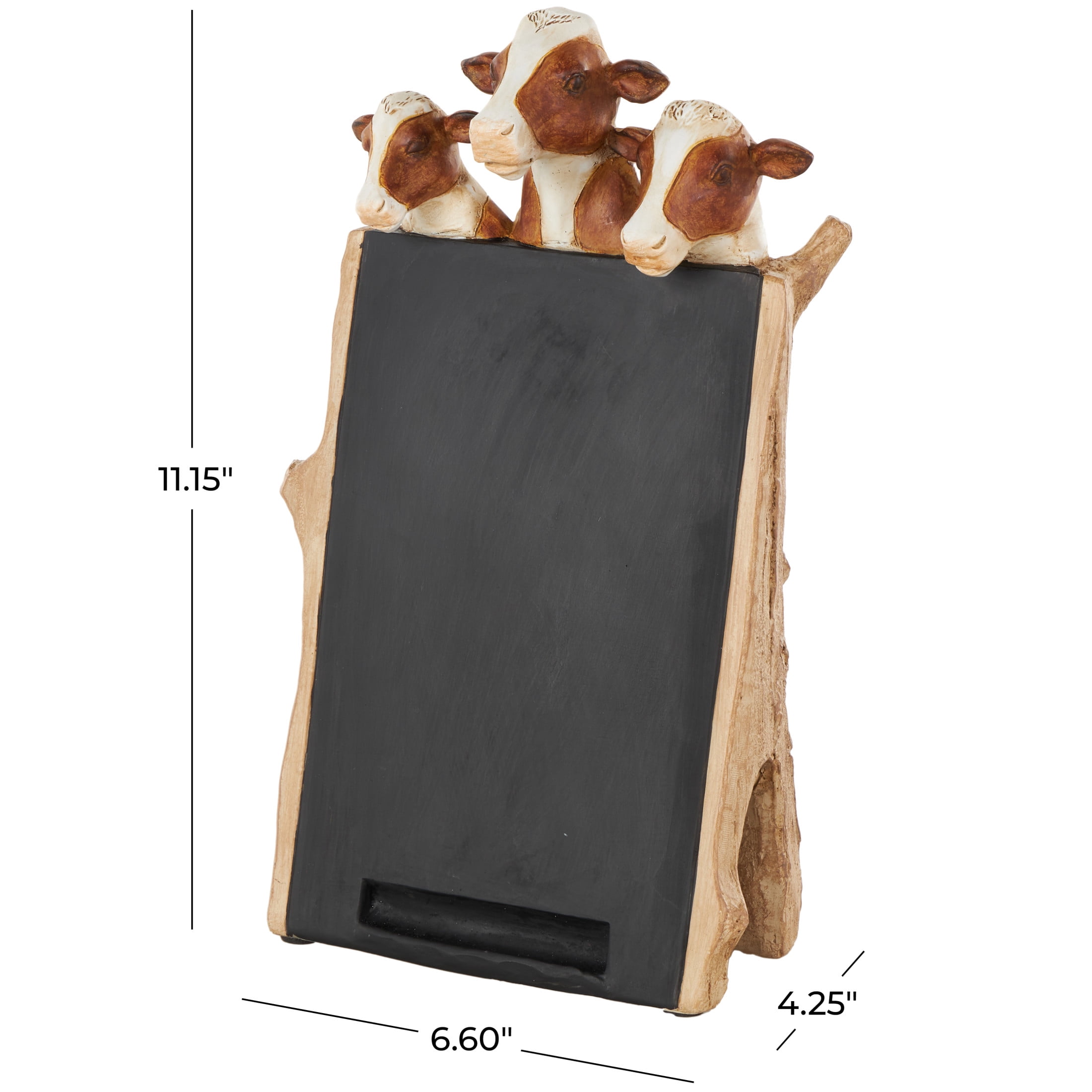 DecMode Cow Chalkboard Polystone Decorative Sign with Brown Tree Trunk Frame, 1-Piece
