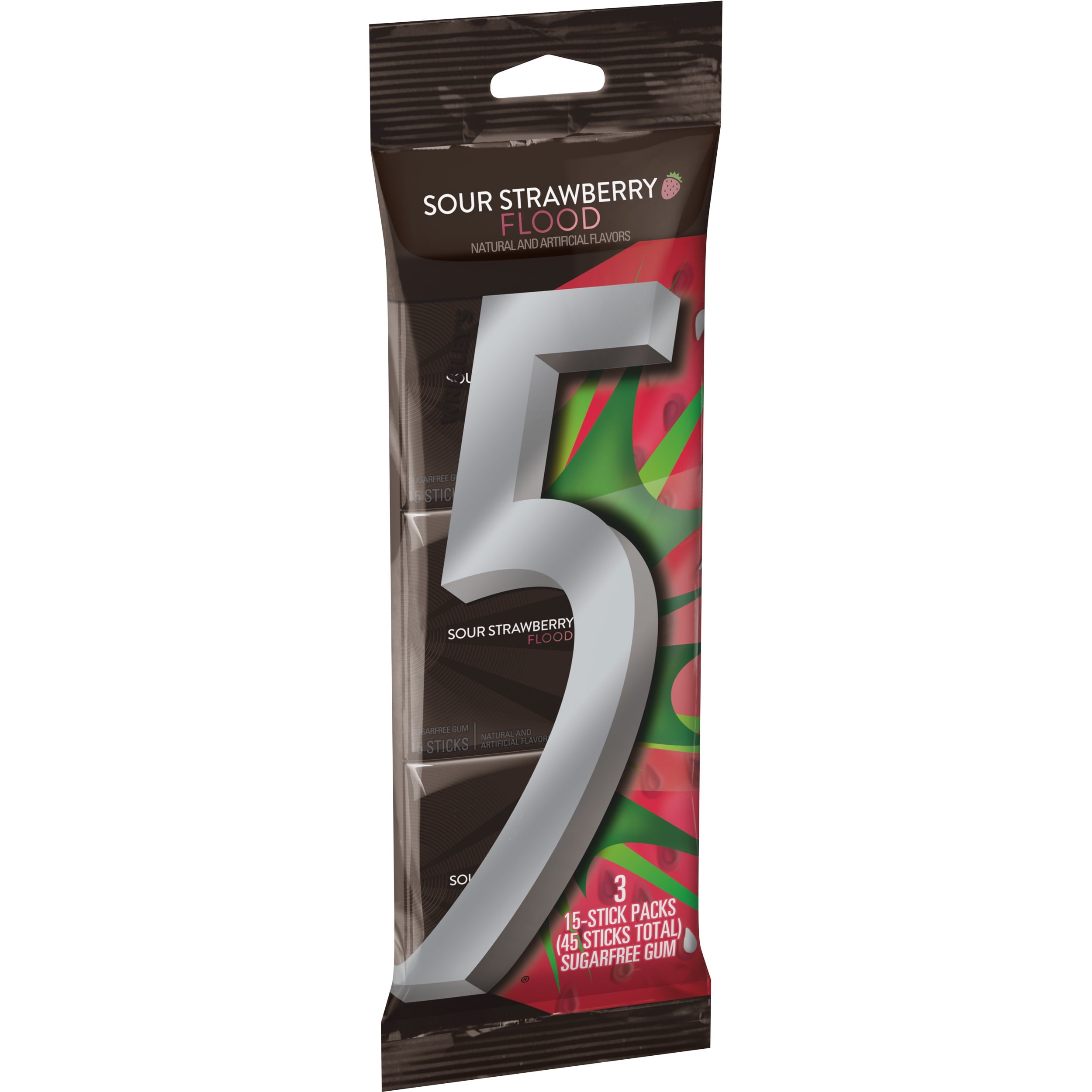 5 Gum, Sour Strawberry Flood Chewing Gum, 3 Ct