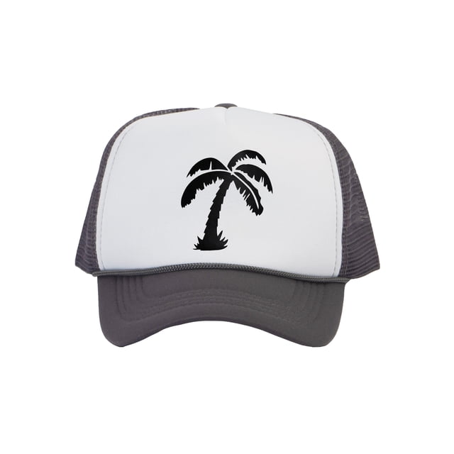 Men's Palm Tree Cap Snapback Trucker Hat, White/Dark Grey