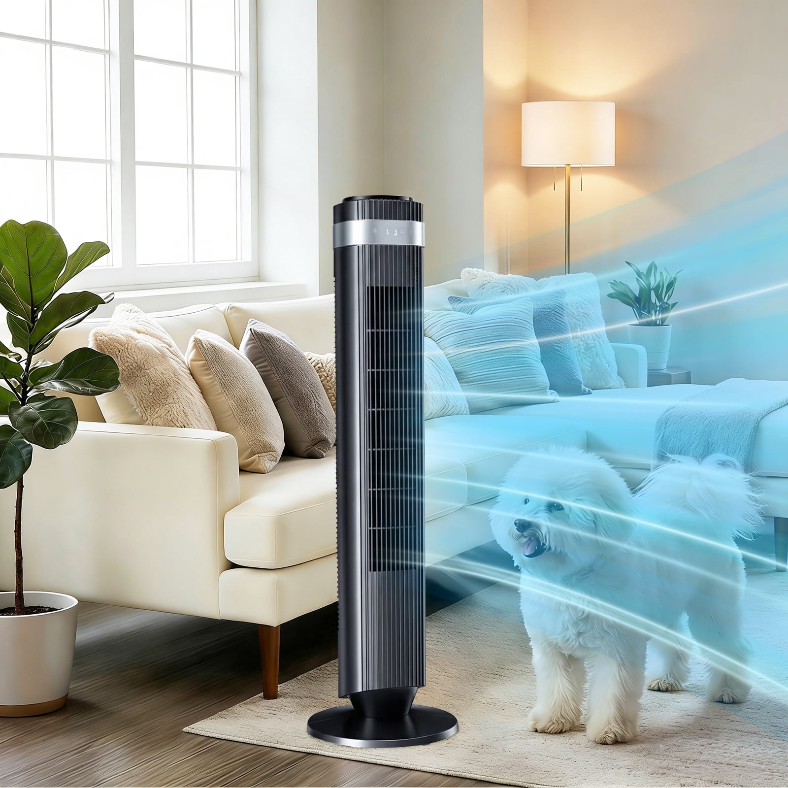 Simenmax Tower Fan, 36'' Bladeless Floor Fan with Remote, 12H Timer, 5 Speeds & 4 Modes, 28dB Quiet Standing Fan for Bedroom, Home, and Office,Black