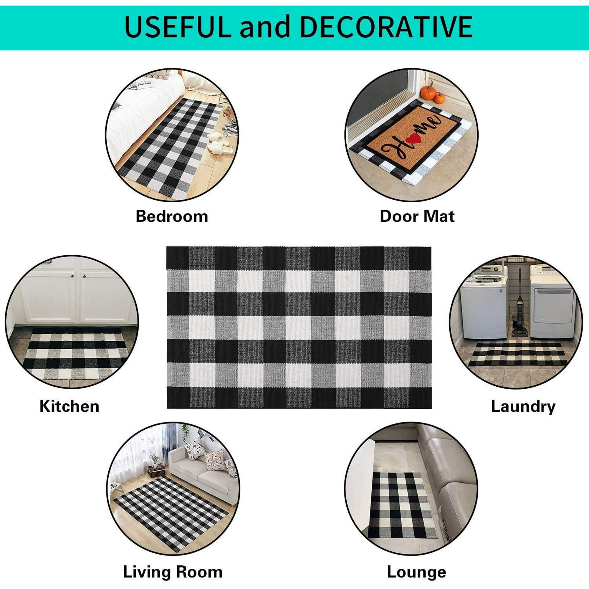 Sanmadrola 24''x36'' Cotton Buffalo Plaid Rug Black and White Check Rugs Hand-Woven Indoor or Outdoor Rugs for Layered Door Mats Washable Carpet for Front Porch Kitchen Farmhouse Entryway