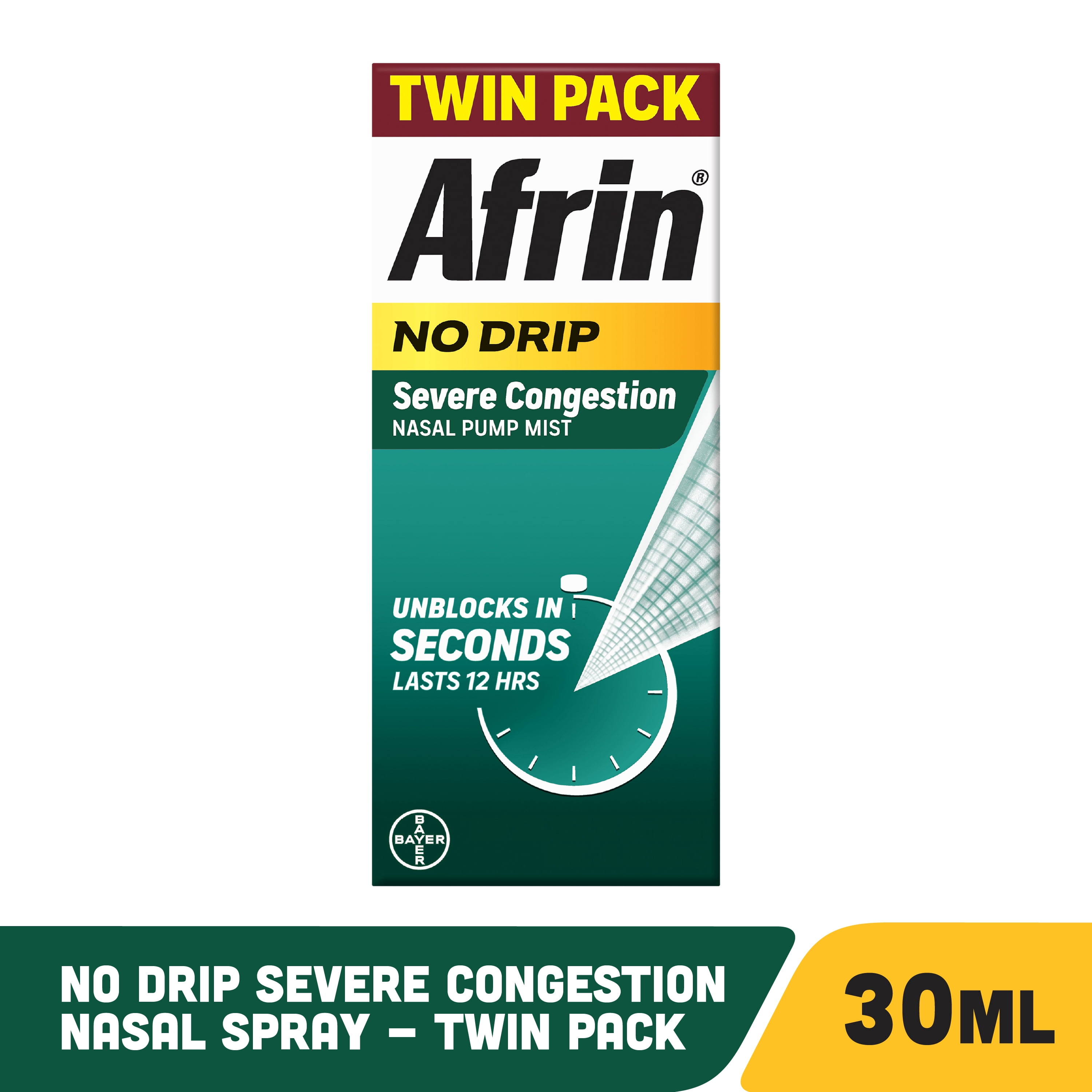 (3 pack) Afrin No Drip Severe Congestion Nasal Spray Twin Pack, Non-Drowsy, Fast-Acting Nasal Decongestant for Nasal Congestion and Sinus Pressure Relief, Adults and Children 6 and Older, .5 fl oz (Pack of 2)
