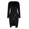 thumbnail image 4 of XFLWAM Women Warp V Neck Long Sleeve Dresses Solid Color Waist Button Split Bodycon Slit Dress Cocktail Party Midi Dress Black S, 4 of 7