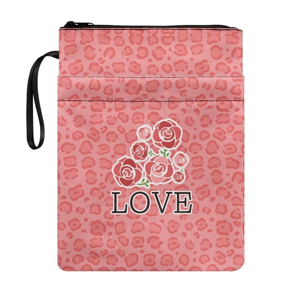 HELLHERO Polyester Fabric Zipper Bag for Reading Lovers Book Lovers Gift for Travel Lightweight, Pink Leopard Roses LOVE