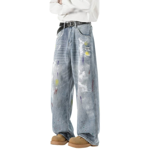 Luwomo Men's Leisure Jeans Loose Fit Straight Leg Wide Leg Ink High Waist Trousers Street Hand Painted Handsome Style Streetwear Regular Denim Pants Light Blue,L