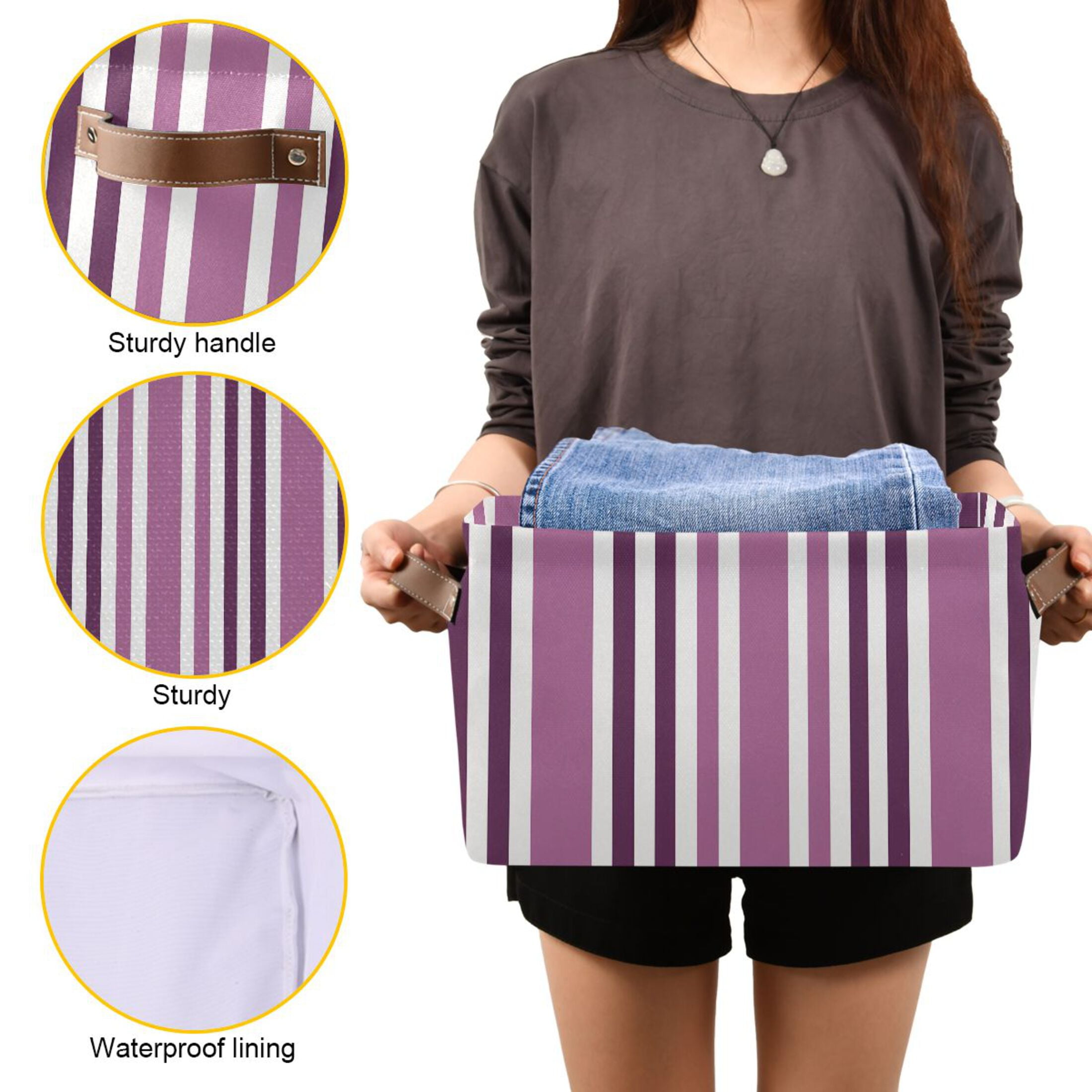 Storage Bins with Handle Fabric Organizer Basket Foldable Box 1 Pack Aubergine and White Stripes 14.2x10.2x8.3