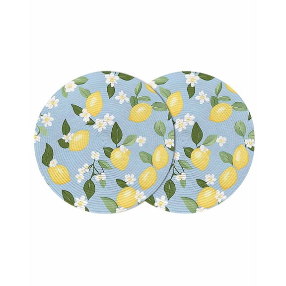 Round Placemats Blue Background 15 inch Set of 2 Table Mats for Dining Table Yellow Lemon White Flowers Heat Resistant Non-Slip Kitchen & Home Decorative Place Mat Set