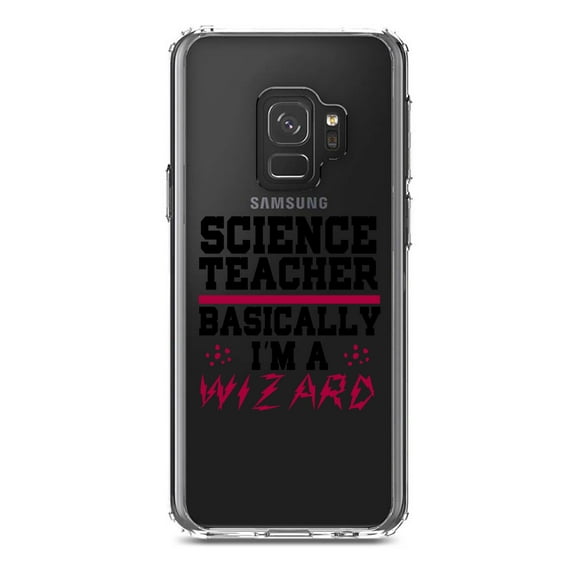 DistinctInk Clear Shockproof Hybrid Case for Samsung Galaxy S9 (5.8" Screen) - TPU Bumper Acrylic Back Tempered Glass Screen Protector - Science Teacher Basically I'm a Wizard