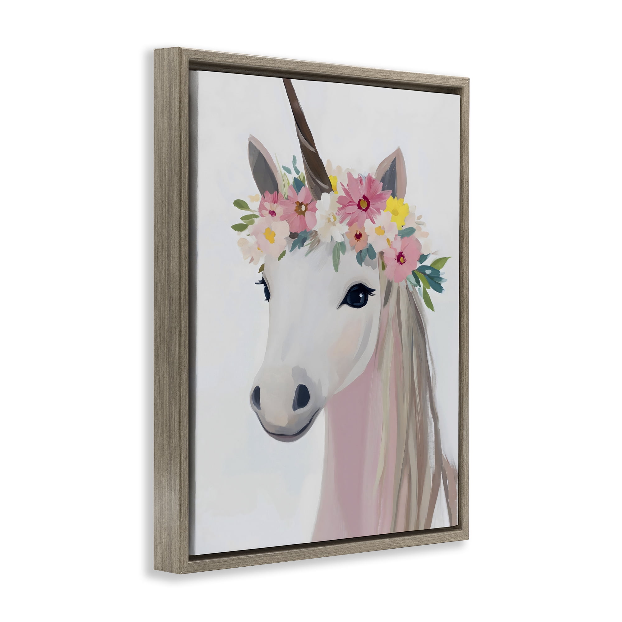 Stupell Industries Flower Crown Unicorn Brown Framed Floater Canvas Wall Art, design by The Prints Vibe